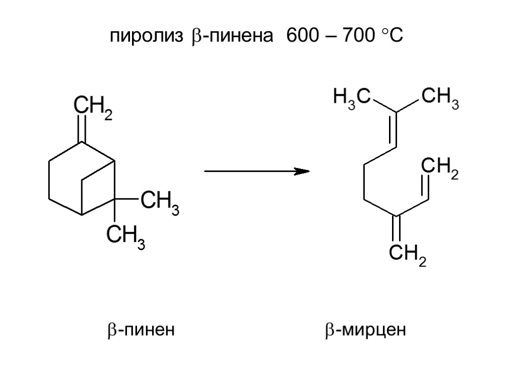 пиролиз -пинена 600 – 700 С -пинен -мирцен